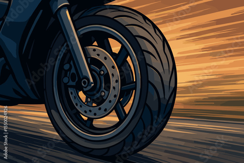 Dynamic close-up motorcycle wheel spinning on asphalt road at high speed, motion blur effect, modern sport bike, detailed vector illustration, transportation, racing, adrenaline, sunset scene