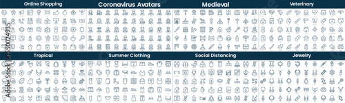 Linear Style Icons Pack. In this bundle include online shopping, coronavirus avatars, medieval, veterinary, tropical, summer clothing, social distancing, jewelry