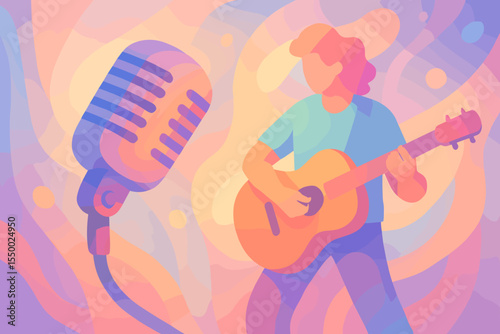 Vibrant abstract singer with retro microphone and acoustic guitar on stage, pastel colorful background, live music performance, musician concert illustration, artistic vector design