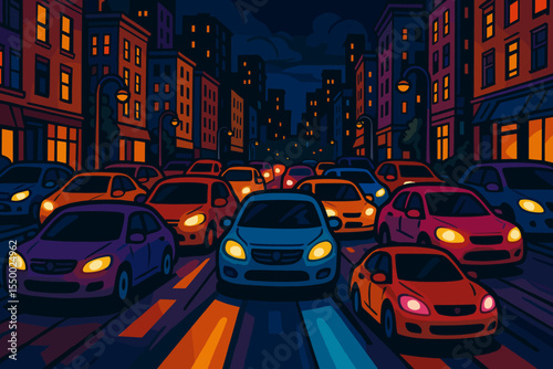 Vibrant City Night Traffic Jam with Colorful Headlights, Urban Street Full of Cars, Illuminated Buildings, Cartoon Vector Illustration, Congestion, Evening Commuting, Downtown Metropolis Scene
