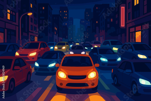 Urban night traffic jam with colorful car headlights, city street packed with vehicles, modern downtown buildings, evening rush hour, transportation congestion, cartoon vector illustration