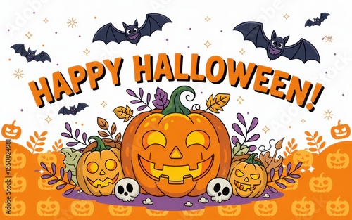 Happy halloween jack olantern and bats