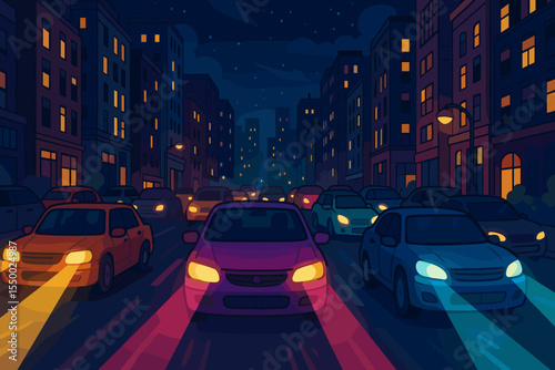Urban traffic jam at night with colorful car headlights illuminating crowded city street, cartoon vector illustration. Cars stuck in evening congestion, glowing windows, downtown cityscape