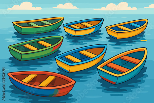 Vibrant colorful fiberglass rowboats floating calmly on tranquil blue water. Cartoon vector illustration. Whimsical marine scene with multiple boats, peaceful sea, sunny day, playful nautical concept