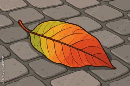 Vibrant autumn mango leaf in gradient yellow orange and red on cobblestone street, seasonal change concept, fallen dry leaf, vector illustration, nature and urban contrast, fall foliage design