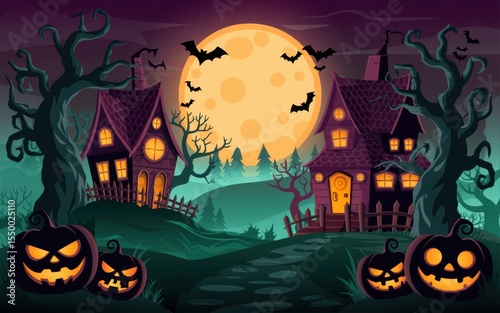 Spooky halloween night scene with haunted houses