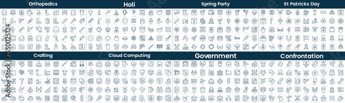 Linear Style Icons Pack. In this bundle include orthopedics, holi, spring party, st patricks day, crafting, cloud computing, government, confrontation