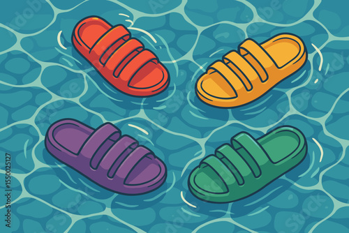 Vibrant colorful sandals floating in a swimming pool. Summer vacation concept. Cartoon vector illustration with retro vintage blue tones. Water surface, footwear, travel, leisure, relaxation.