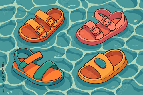 Colorful cartoon sandals floating on blue pool water. Summer footwear top view. Retro vintage style vector illustration. Beach vacation relaxation. Kids shoes. Swimming pool concept. No text.