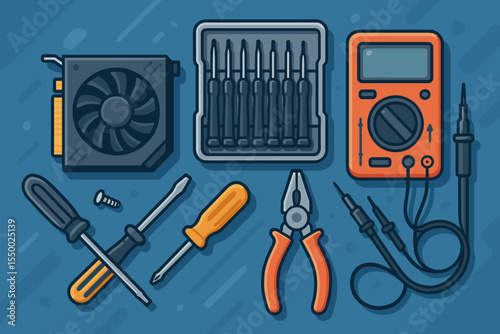 Computer repair service concept vector illustration. Flat lay of a tech toolkit with graphics card, multimeter, screwdrivers, and pliers. PC building, maintenance, and diagnostics.