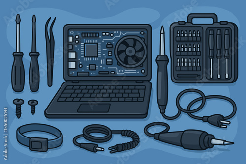 Computer repair tool kit for laptop maintenance. Electronics hardware service concept. PC disassembly with motherboard, CPU fan, screwdriver, soldering iron, tweezers. Tech support.