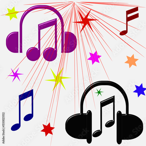 Colorful design featuring stylized earphones with embedded musical notes. Two sets of headphones are shown, one purple and one black, each overlaid with a musical note. Surrounding the headphones are 