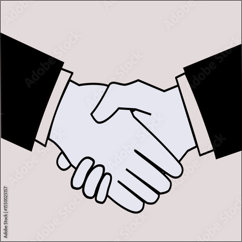 Two cartoon-style hands shaking against a light gray background. The hands are outlined in black and are wearing black sleeves with white cuffs, depicting formal attire. 