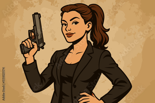 Confident female agent holding handgun, wearing black blazer, standing with hand on hip, strong independent spy woman character, vector cartoon illustration on vintage textured background