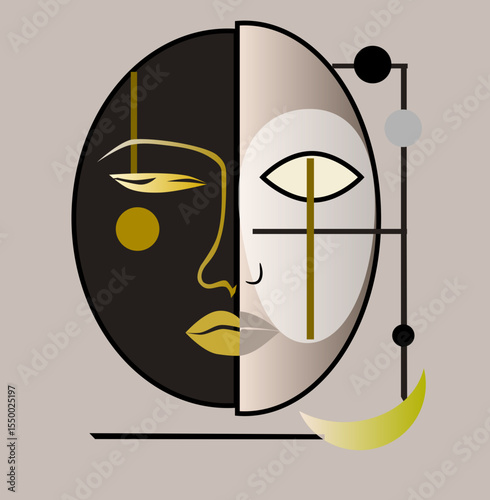 Abstract illustration of a human face divided into two halves within an oval shape. The left half features a dark background with yellow lines for facial features. 