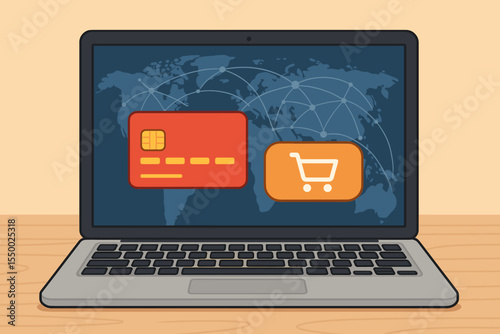 Online shopping payment concept with credit card and checkout button on laptop, global e-commerce, digital transaction, secure internet banking, vector illustration with world map network