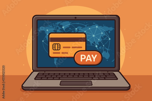 Online payment concept with credit card and pay button on laptop screen, global digital network, secure e-commerce transaction, vector illustration, electronic banking, internet shopping