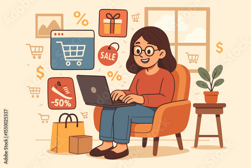 Online Shopping Cyber Monday Sale. Woman Shopping from Home with Laptop, Discount Offers, Special Deals, E-commerce Convenience, Digital Retail, Shopping Bags, Vector Cartoon Illustration