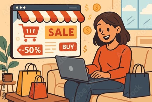 Online Shopping Sale Concept Woman Using Laptop at Home with Shopping Bags, Big Discount Banner, Modern E-Commerce, Cyber Monday Deals, Internet Retail, Digital Marketplace Vector Illustration
