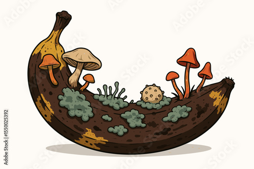 Rotten banana with mold, fungi, and mushrooms growing on peel. Decay process, organic decomposition, moldy fruit, detailed vector cartoon illustration. Spoiled food concept on white background.