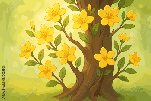 Cheerful cartoon tree with delicate yellow flowers blooming in spring. Whimsical floral vector illustration of a nature scene with soft morning light and a dreamy bokeh background.