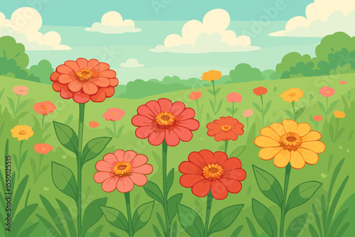 Cartoon zinnia flowers blooming in a lush green summer meadow. Vector illustration of a vibrant floral landscape with green grass, blue sky, and clouds. Scenic nature background.