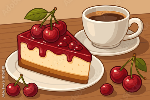 A delicious slice of cherry cheesecake with fresh berry topping and a hot cup of coffee. Sweet dessert for a cafe, patisserie, or bakery menu. Tasty pastry concept vector illustration.