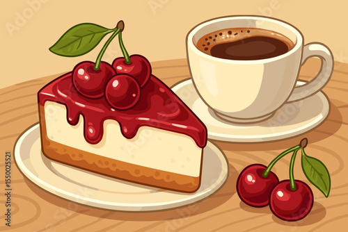 Delicious cherry cheesecake slice with coffee cup on a wooden table. Vector cartoon illustration of a sweet dessert for a bakery or cafe menu. Pastry with fresh berry topping.