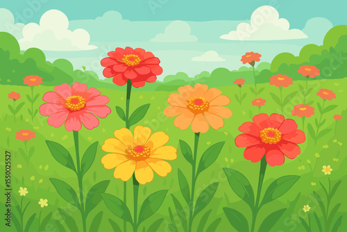 Colorful zinnia flowers blooming in a lush green summer meadow. Cartoon vector illustration of a beautiful spring landscape with grass, blue sky, and clouds. Nature background.