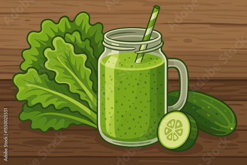 Healthy Detox Green Smoothie with Fresh Lettuce, Cucumber, Straw, and Mason Jar on Rustic Wooden Table. Vegan Clean Eating Vegetable Drink Concept. Cartoon Vector Illustration for Wellness