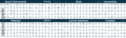 Linear Style Icons Pack. In this bundle include music instruments, fencing, birds, humanities, podcast, eighties, human relations, crowns