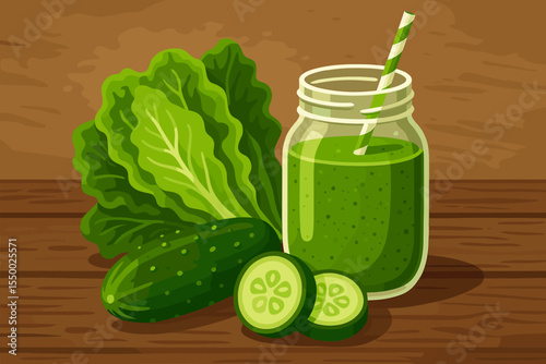Fresh Green Detox Smoothie with Lettuce and Cucumber, Healthy Organic Drink, Vegetable Smoothie Jar, Rustic Wooden Table, Clean Eating, Natural Vegan Beverage, Vector Cartoon Illustration