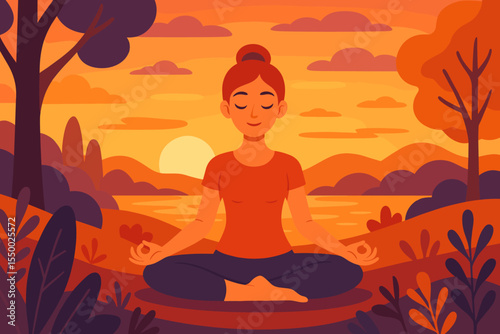 Yoga meditation in nature concept. Woman practicing mindfulness in lotus pose at sunset. Serene landscape for relaxation, mental health, and wellness. Healthy lifestyle vector.
