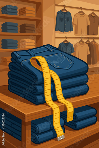Fashion retail concept with folded jeans and measuring tape in a clothing store. Tailoring service vector illustration. Shop interior with denim pants and shirts on display.