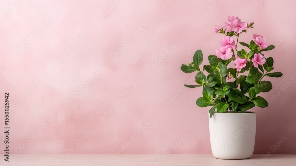 Naklejka premium A minimalist image of potted pink flowers placed against a soft pastel background, evoking feelings of calmness, beauty, and the simplicity of nature in a peaceful atmosphere.