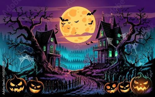 Spooky halloween night scene with haunted houses