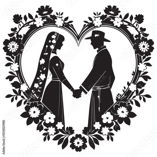 Silhouette of a bride and groom holding hands within a floral heart frame