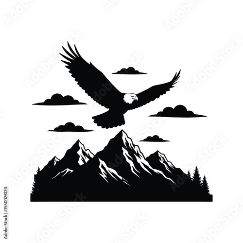 Majestic bald eagle soaring above rugged mountain peaks in flight