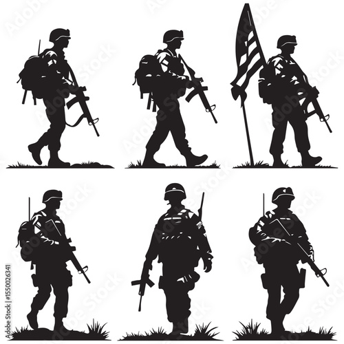 Silhouettes of soldiers in uniform carrying rifles and backpacks with one holding a flag