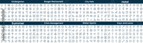 Linear Style Icons Pack. In this bundle include kindergarten, burger restaurant, city park, hotel, summer, crisis management, water sports, keys and locks
