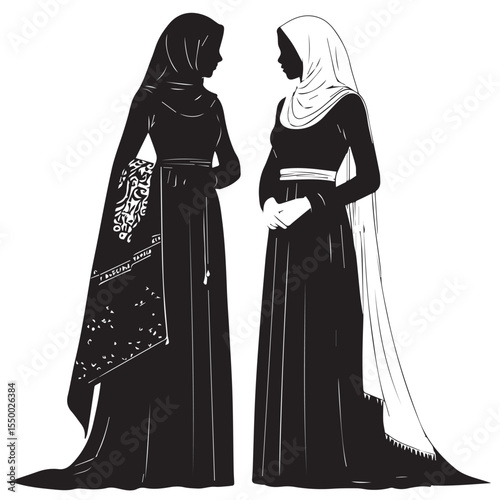 Two women in traditional islamic clothing facing each other in silhouette
