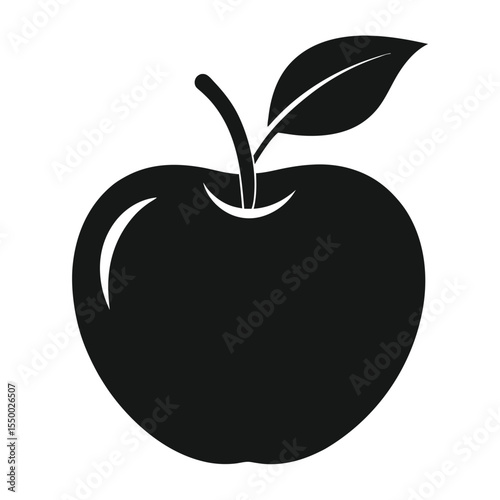 Simple black and white silhouette of an apple with a leaf on a white background