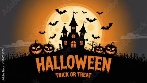 Halloween night haunted house scene with pumpkins