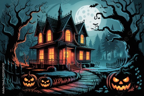 Haunted house halloween night scene