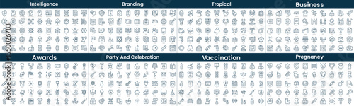 Linear Style Icons Pack. In this bundle include intelligence, branding, tropical, business, awards, party and celebration, vaccination, pregnancy