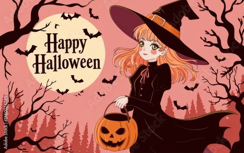 Anime witch with pumpkin halloween greeting