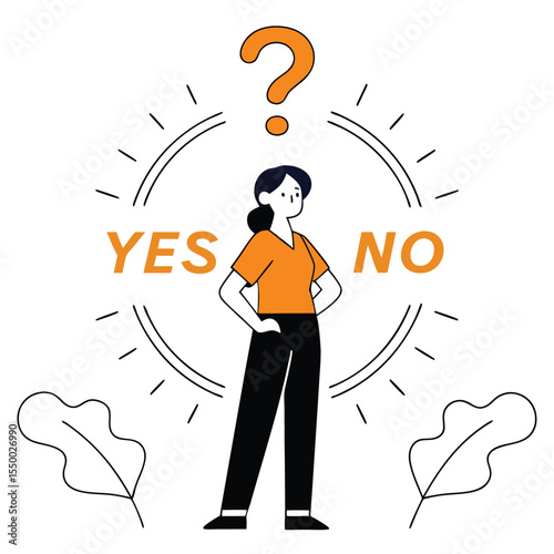 Confused young woman considers between yes and no with a question mark above