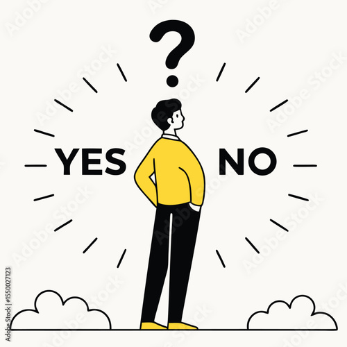 Illustrated man ponders between yes and no under a question mark on offwhite