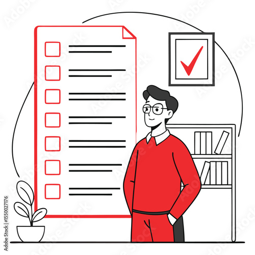 Man with glasses poses next to giant checklist and bookshelf, it all looks minimal