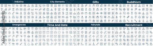 Linear Style Icons Pack. In this bundle include industry, city elements, gifts, buddhism, emergencies, time and date, fairytale, recruitment